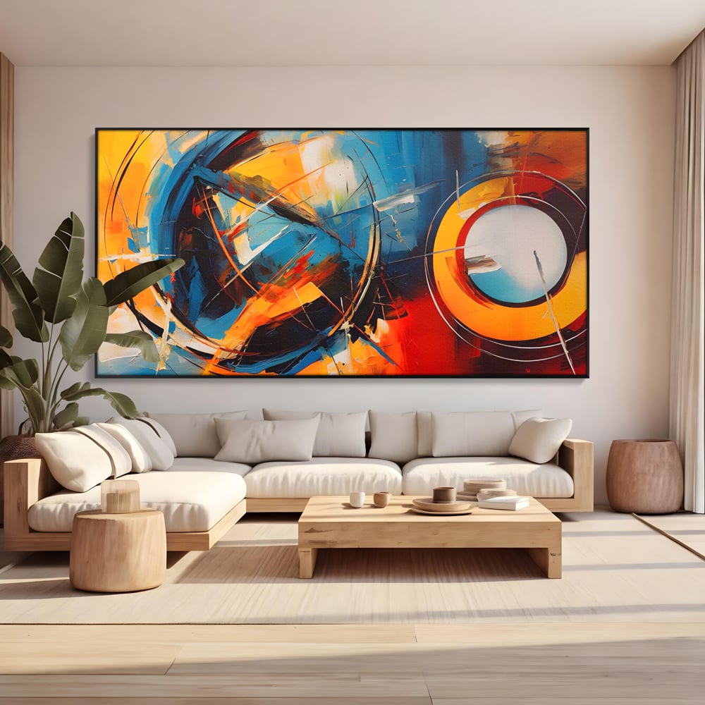 Tablou canvas cu pictura abstracta cu cercuri si linii, in rama de aluminiu negru, pe perete intr-un living